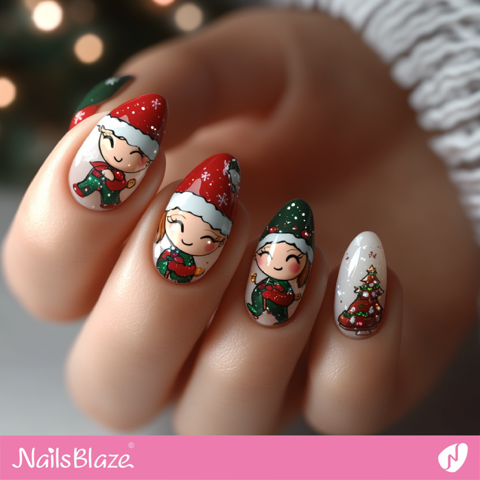 Nails with Cute Happy Elf Design | Cute Winter Nails - NB6700