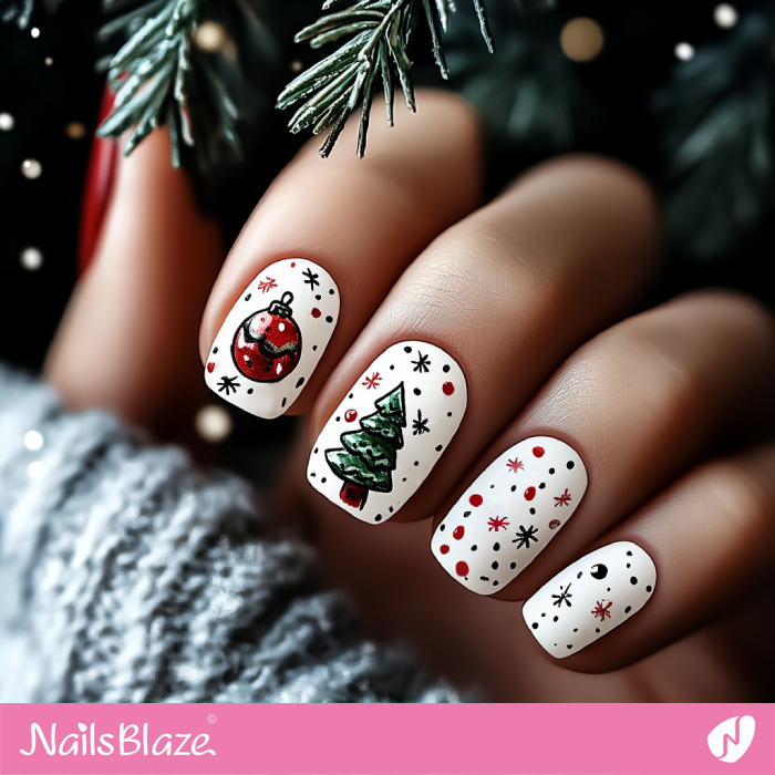 Short White Nails with Christmas Motifs | Cute Winter Nails - NB6702