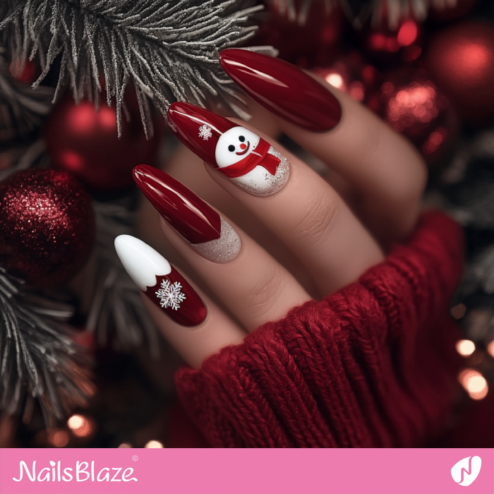 Red Nails with Cute Snowman | Cute Winter Nails - NB6697