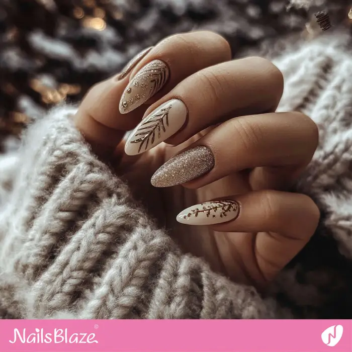 Winter Nature-inspired Nails Glitter Design | Neutral Winter Nails - NB6643