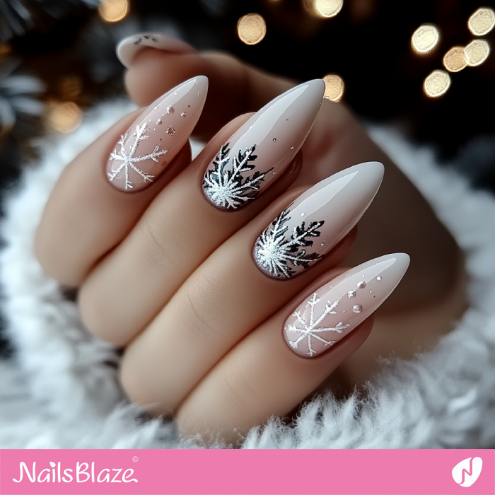 Nude Almond Nails Snowflake Design | Winter Snowflake Nails - NB6718