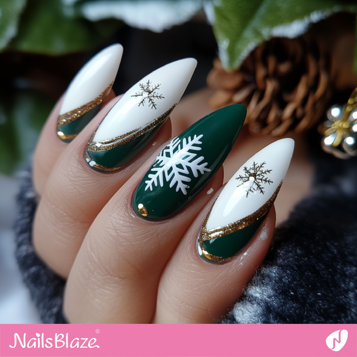 Almond Green and White Snowflake Nails | Winter Snowflake Nails - NB6728