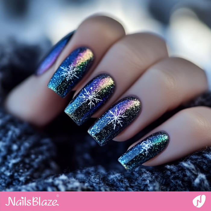 Blue Bling Nails with Snowflake | Winter Snowflake Nails - NB6729