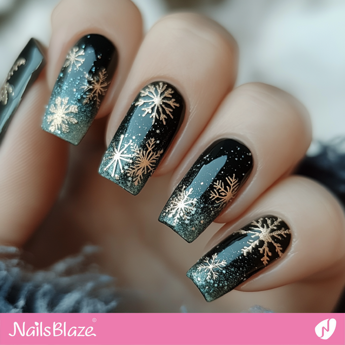 Gold Snowflakes for Black Nails Design | Winter Snowflake Nails - NB6726