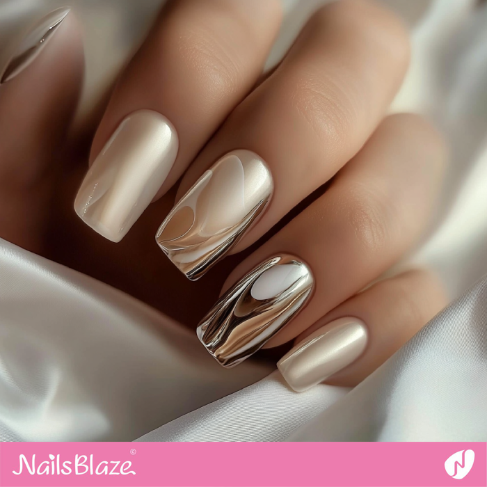 Champagne Nails with Chrome Accent | Winter Wedding Nails - NB6676