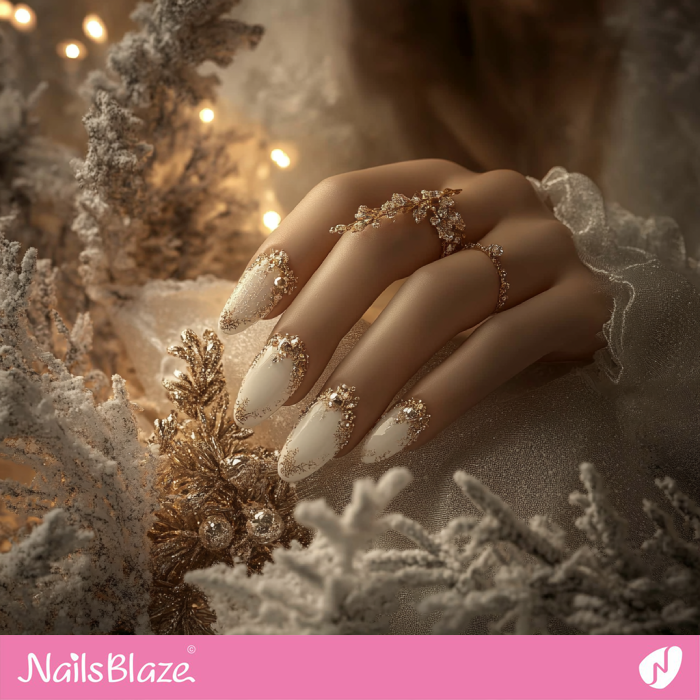 White Wedding Nails with Gold Embellishments | Winter Wedding Nails - NB6679