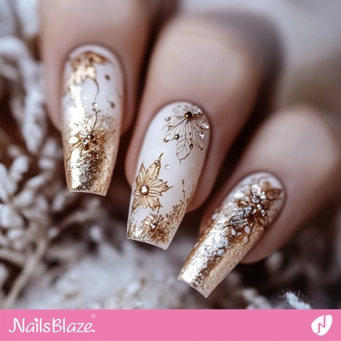 Luxury Gold Flower Nails Design | Winter Wedding Nails - NB6668