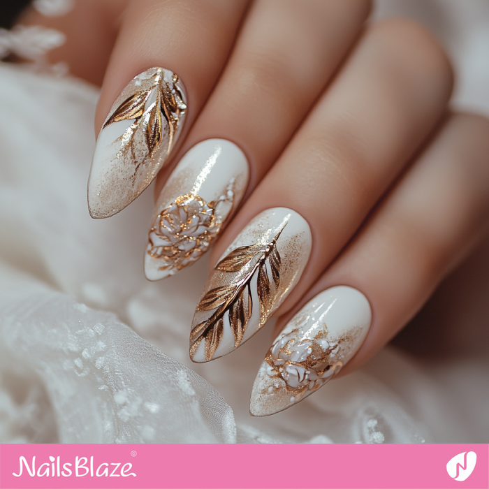 Gold Foliage Nail Art for Wedding | Winter Wedding Nails - NB6673