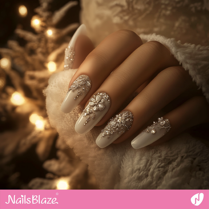 Nails with 3D Flowers Charms | Winter Wedding Nails - NB6675