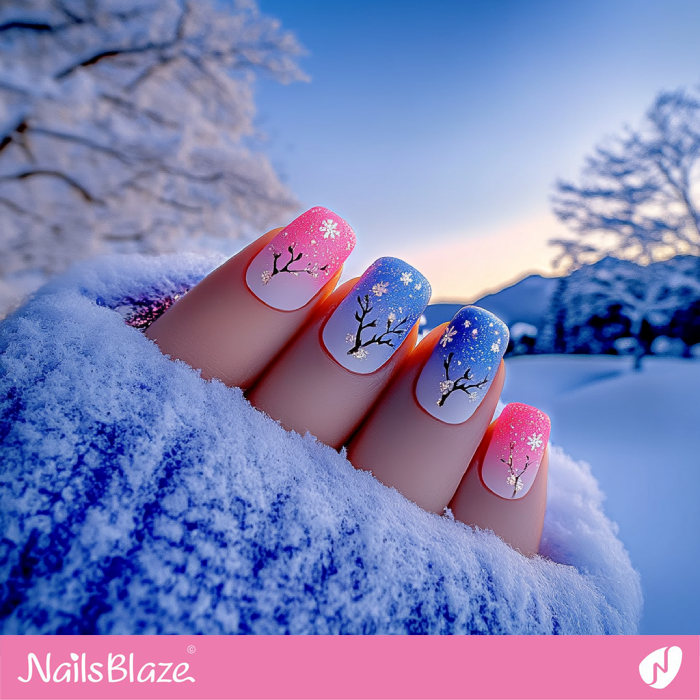 Short Pink and Blue Nails with Winter Theme | Winter Nails Design - NB6739