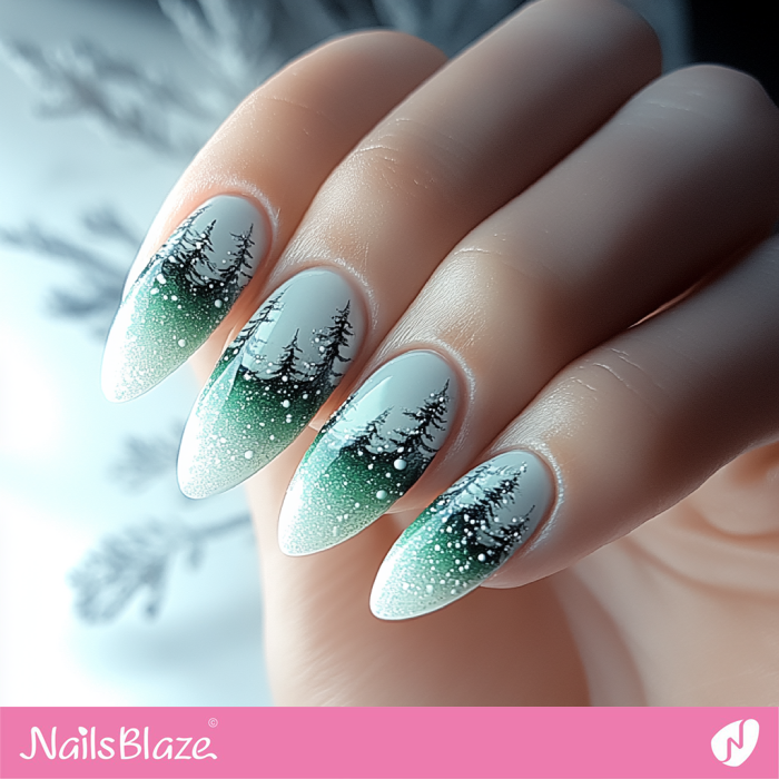 Green Ombre Nails with Snowfalls and Trees | Winter Nails Design - NB6755