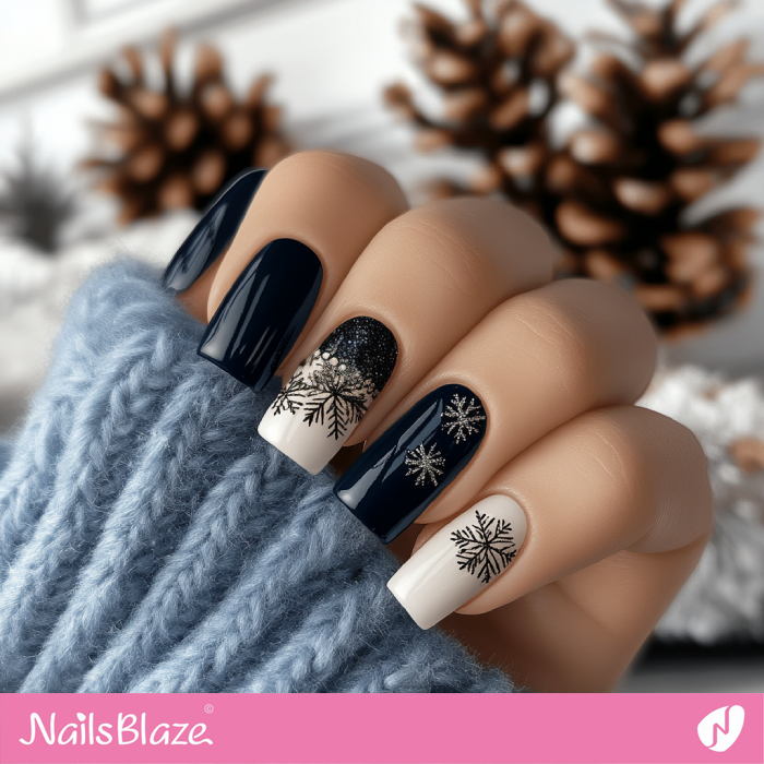 Classy Black Nails Snowflake Design | Winter Nails Design - NB6756