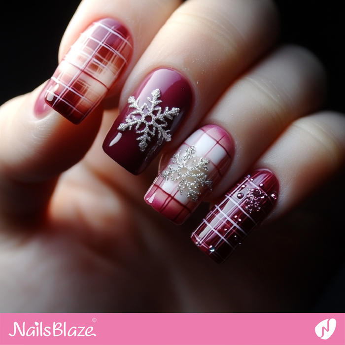 Embellished Red Plaid Nails | Winter Nails Design - NB6757