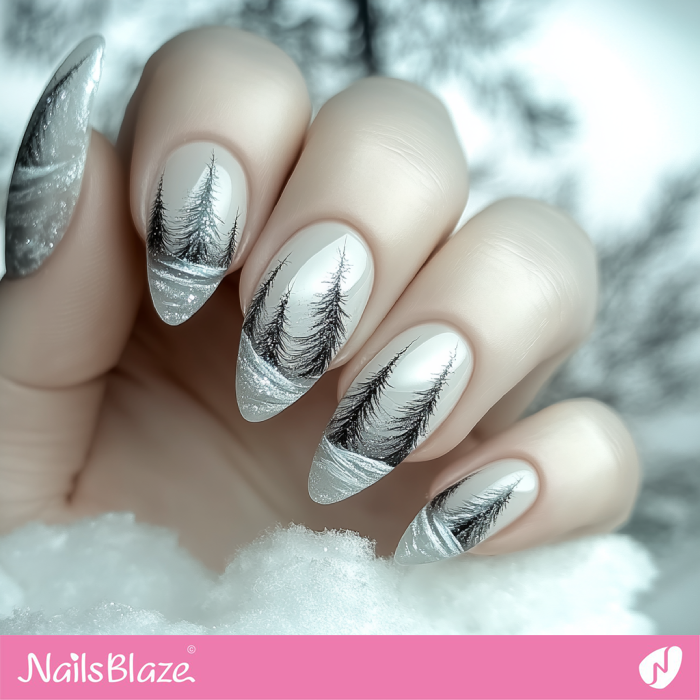 Nails with Pine Forest Design for Winter | Winter Nails Design - NB6740