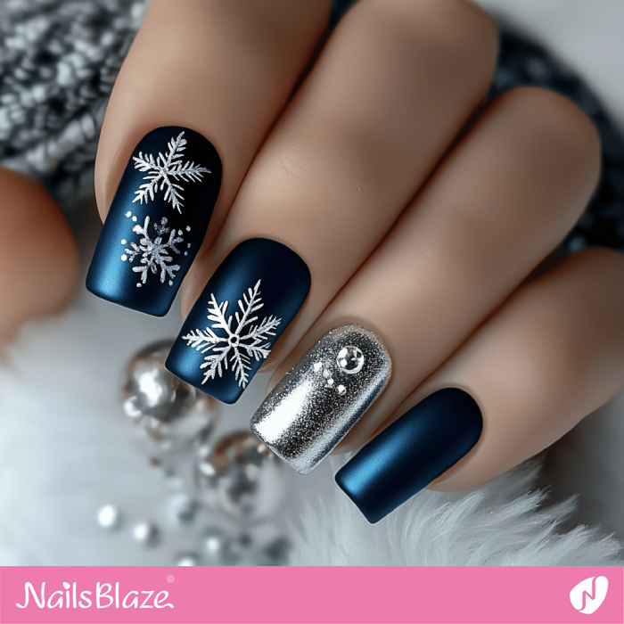 Luxury Blue Nails with Silver Accent | Winter Nails Design - NB6744