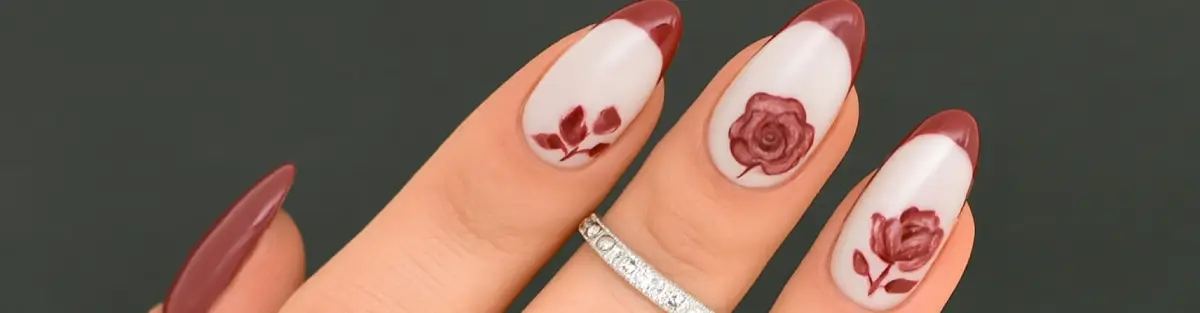 Deep burgundy and cloud dancer elegant nail design