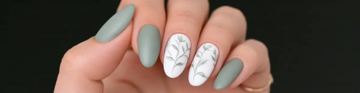 Botanical sage green and cloud dancer minimalist nails