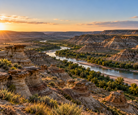 Sunlit sandstone hoodoos in the Alberta Badlands