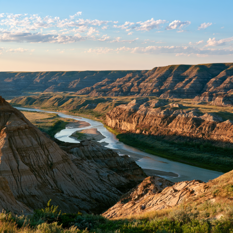 Deep coulees and sunlit hoodoos in the Alberta Badlands