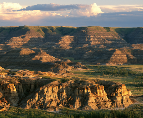 Sunlit sandstone hoodoos in the Alberta Badlands