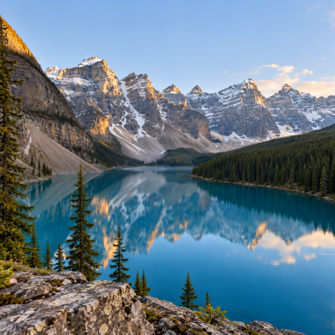 Moraine Lake turquoise water and Valley of the Ten Peaks in Banff