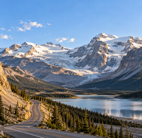 Snow-covered jagged mountain summits along the Icefields Parkway