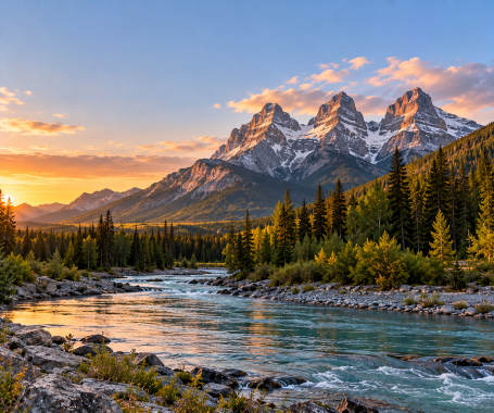 Canmore mountain peaks reflecting in clear calm waters