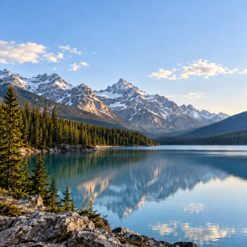 Mist rising from quiet alpine mountain lake at dawn in Kananaskis