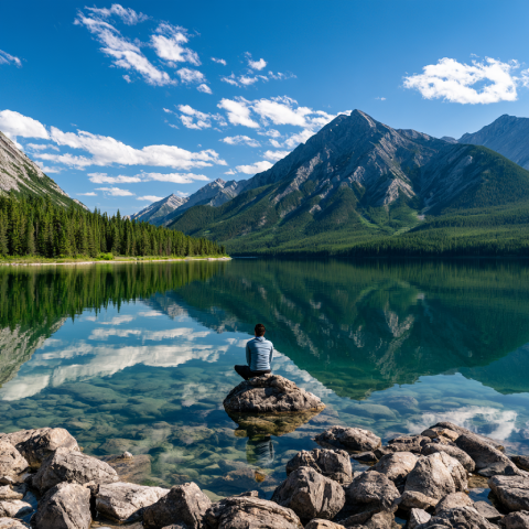 Mist rising from quiet alpine mountain lake at dawn in Kananaskis