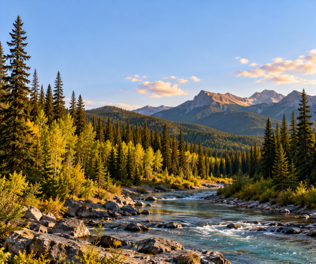 Dense green pine and aspen forest in the Canadian Rockies foothills