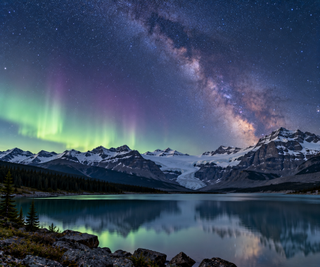 Aurora Borealis and stars over mountain lake in Jasper