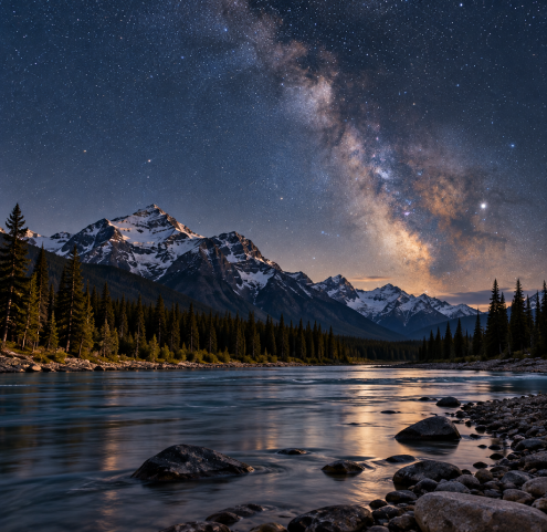 Clear starry night sky over mountain lake in Jasper Dark Sky Preserve
