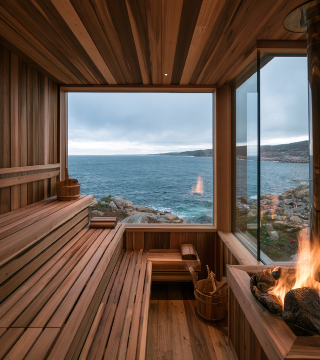 Oceanfront cedar barrel sauna looking out over Atlantic waters