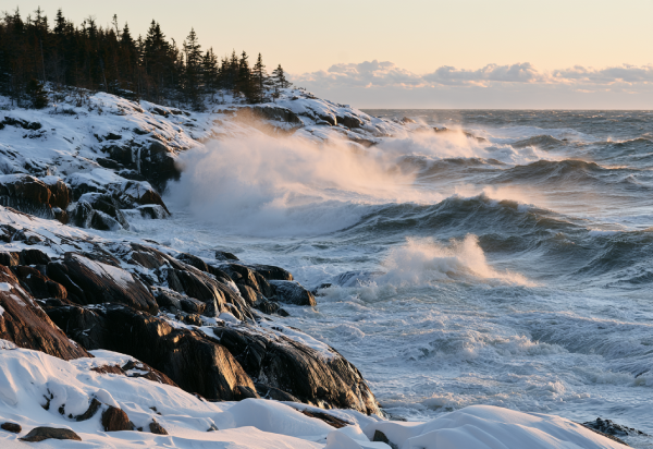 Winter snow along coastal shoreline and smoking chimneys
