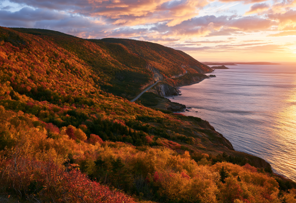Autumn foliage meeting ocean headlands and mist