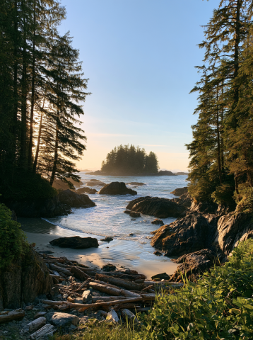 Pacific coast rainforest and ocean mist in British Columbia