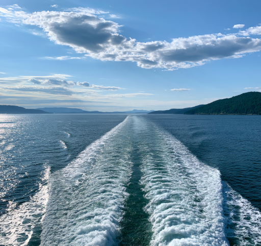 Ferry crossing the Georgia Strait with churned wake and distant coastal islands