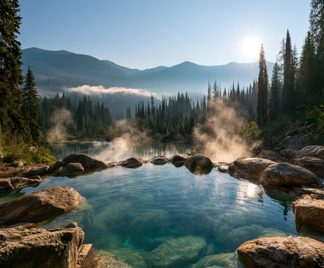 Outdoor thermal pool steaming in cold mountain forest
