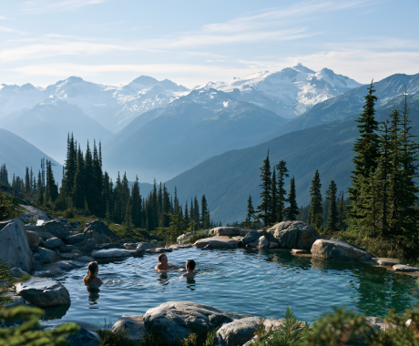 Snow-dusted mountain ridges and alpine valleys in BC