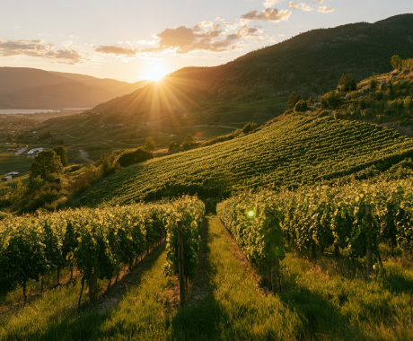 Okanagan vineyard and orchard valley under warm summer sun