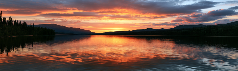 Serene mountain lake under midnight sun glow