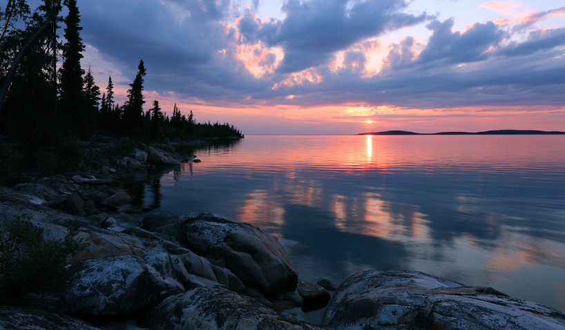 Pristine waters and midnight glow of Northwest Territories lake