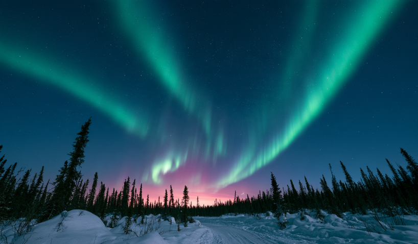 Vibrant green aurora borealis dancing across clear subarctic sky