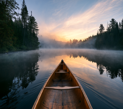 Sunlit morning mist rising from Canoe Lake in Algonquin Provincial Park