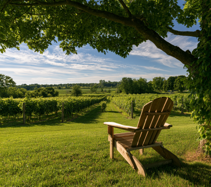 Sunlit golden vineyards and orchards in Niagara-on-the-Lake wine country