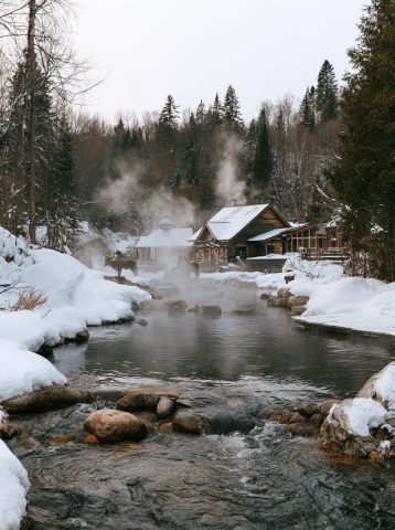 Winter thermal Nordic spa nestled in Québec pine forest