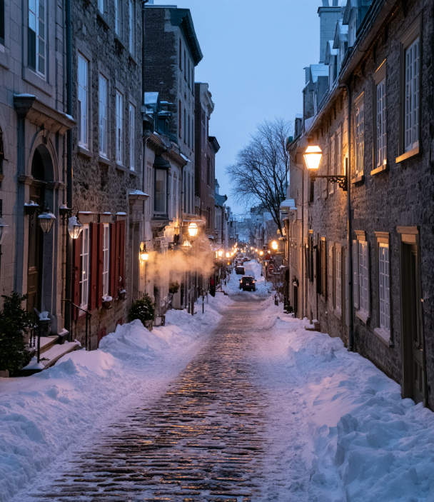 Snowy historic streets of Quebec in deep winter