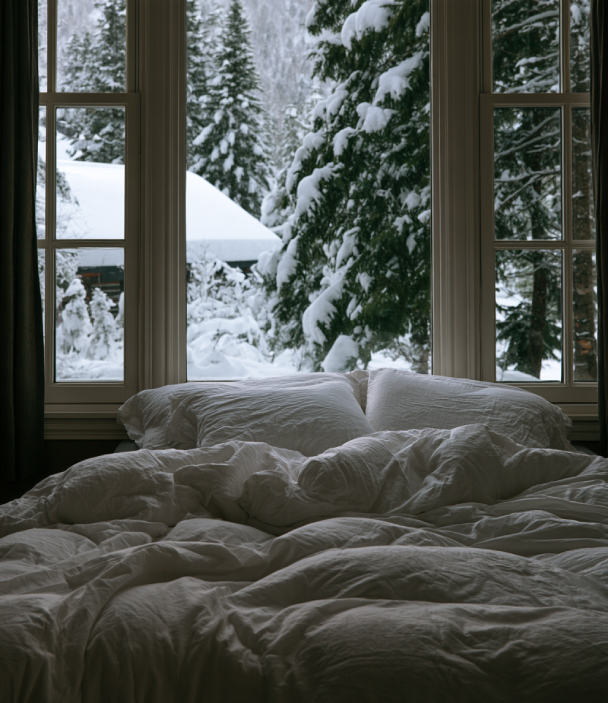 Cozy bedroom with wooden beams and down duvet in a Quebec inn