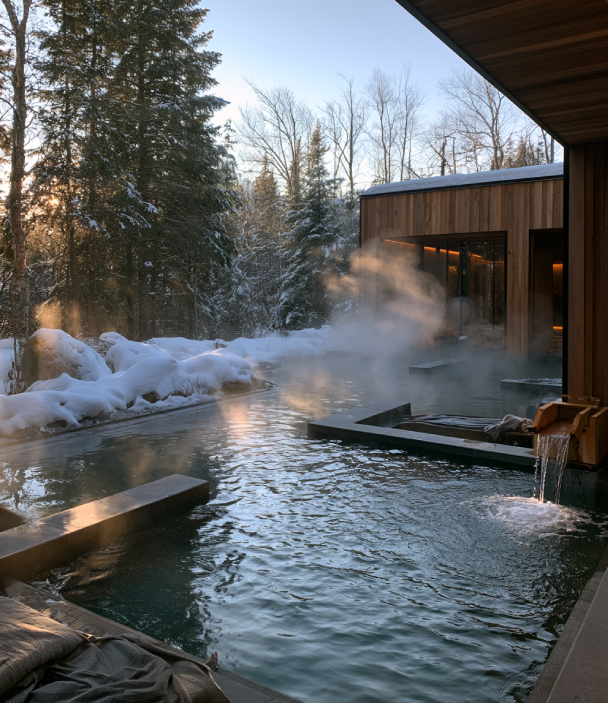 Outdoor thermal pool steaming in the falling snow