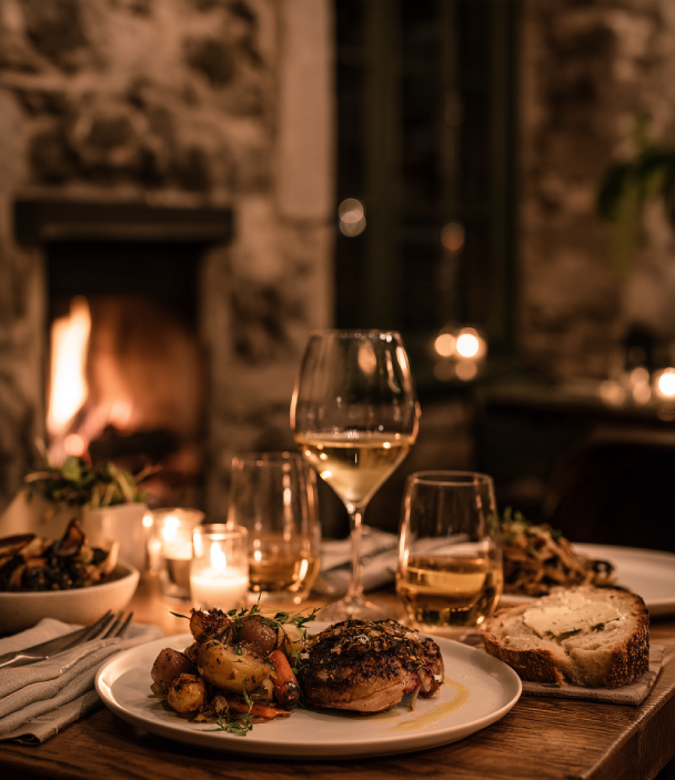 Bistro table with candles, warm food, and wine in Quebec